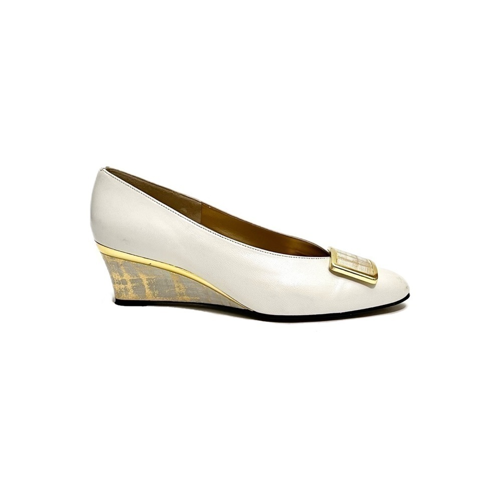 Vintage 1970s ivory leather painted gold oversize buckle slip on wedge heels
